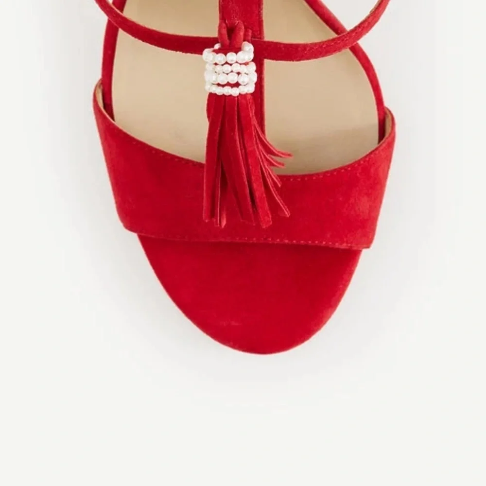 Ann Taylor Adina Fringe stiletto sandals red suede with pearlized tassels 9 NWT